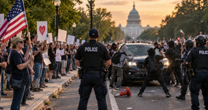Uniformed police officers holding a line in a street at dusk as demonstrators with signs and an American flag stand on the sidewalk, the U.S. Capitol dome behind them.