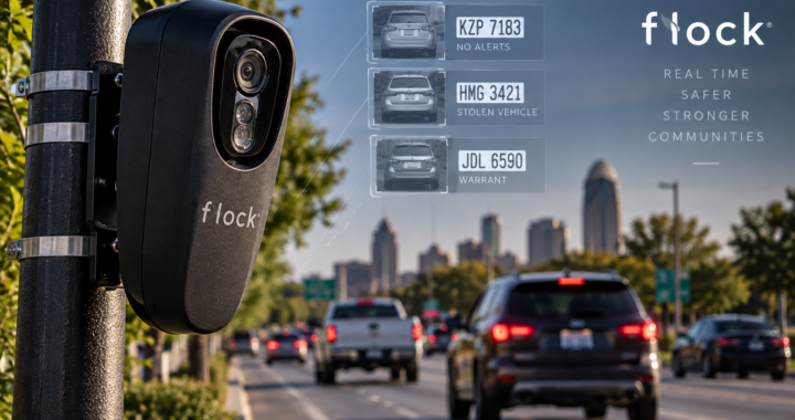 A license plate reader camera mounted on a pole beside a city street, with graphic overlays showing plate reads labeled no alerts, stolen vehicle, and warrant.