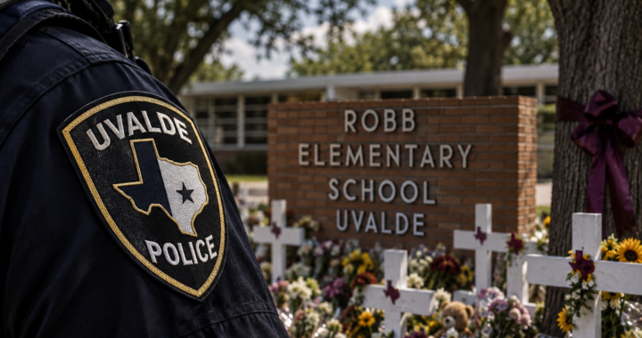 A police officer in silhouette wearing a Uvalde shoulder patch, standing before the Robb Elementary School sign surrounded by memorial crosses and flowers.