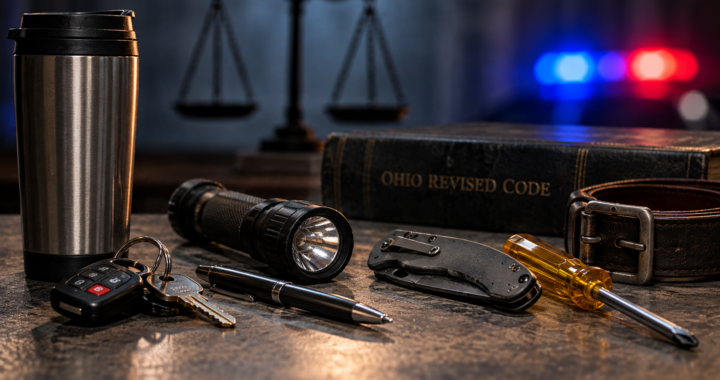Travel mug, flashlight, pen, keys, folding knife and screwdriver on a table beside a copy of the Ohio Revised Code, police lights in the background.