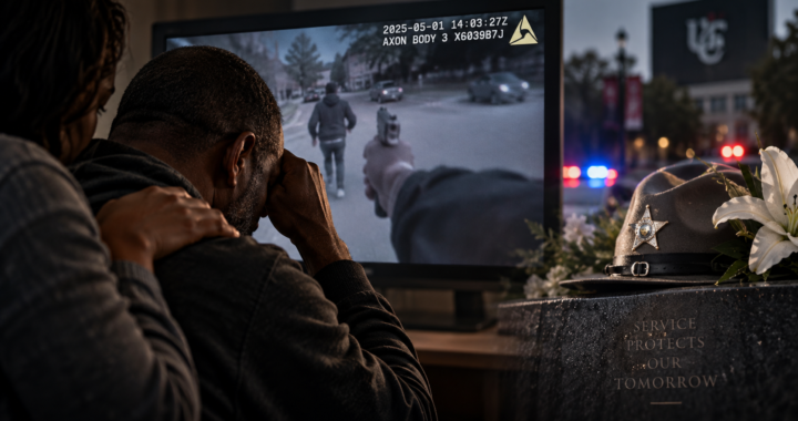 Two people seated in a darkened room watching body camera footage on a screen, one covering his face, a deputy's hat and flowers on a memorial plinth beside them.